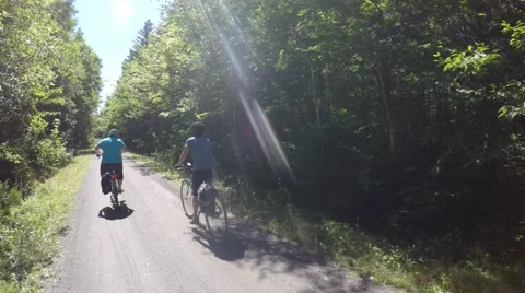 Women riding bikes through a beautiful green forest Stock Footage