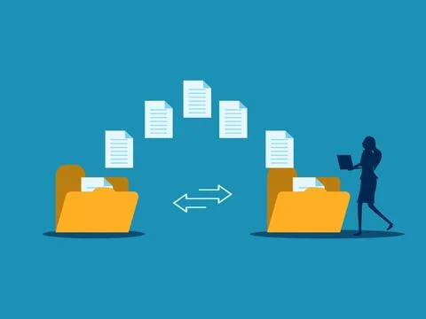 Women send documents over the Internet, back up data, exchange files in folde Stock Illustration