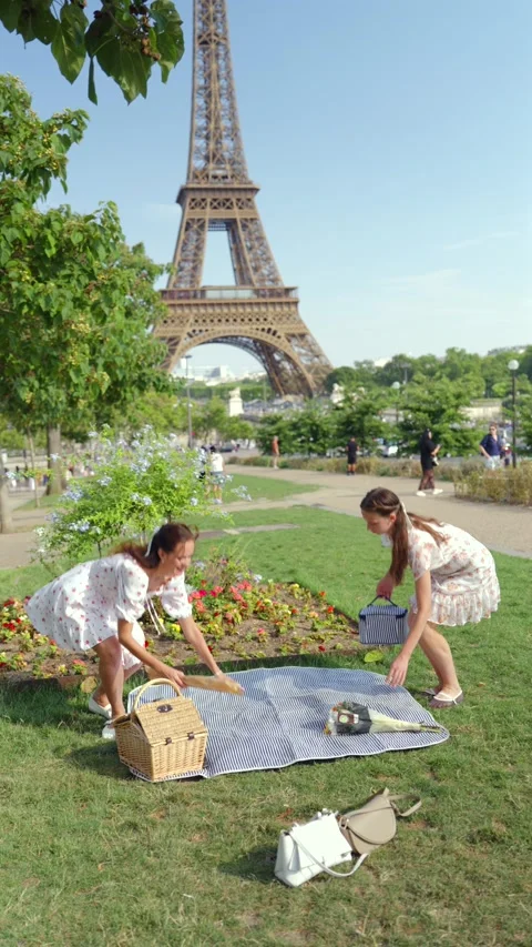 Women Setting Up a Picnic Beneath the Eiffel Tower Stock-Footage 344577828