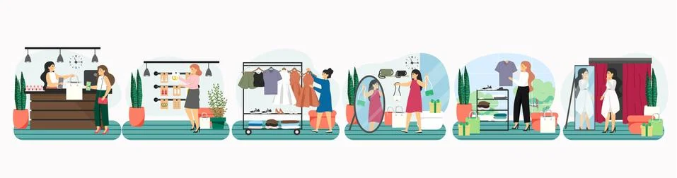 Women shopping and buying clothes in clothing shop or apparel boutique. Fashion Stock Illustration