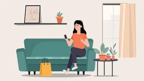 Women sit on the sofa, using mobile online shopping concept flat art design. Stock Illustration