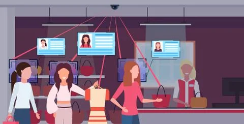 Women standing line queue at checkout counter customers identification facial Illustrazione stock