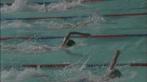 Women swim across a pool in a competition. Stock Footage