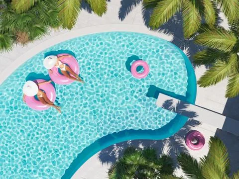 Women swimming on float in a pool. 3d rendering Stock Illustration