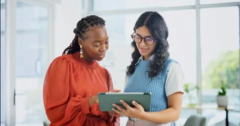 Women, tablet and creative feedback with meeting for update, report and interior Stock Photos
