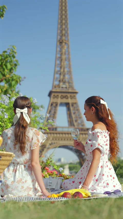 Women Talking Over Wine at Eiffel Tower Picnic Stock Footage 344578725