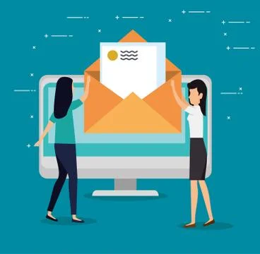 Women teamwork with computer letter message Stock Illustration