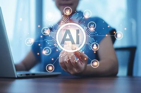 Women using Ai technology search on internet for marketing data analysis an.. 스톡 사진