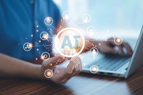 Women using Ai technology search on internet for marketing data analysis an.. 스톡 사진