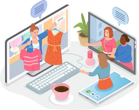 Women using computer and smartphone to choose dress on website, online shopping Stock Illustration