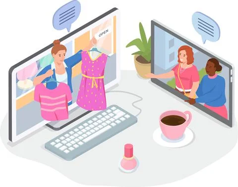 Women using computer and smartphone to choose dress on website, online shopping Stock Illustration