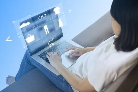 Women using computer and touch virtual screen online shopping. And online pay Stock Photos