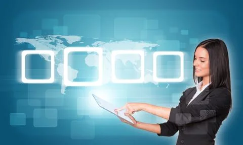 Women using digital tablet and world map with empty frames Stock Photos