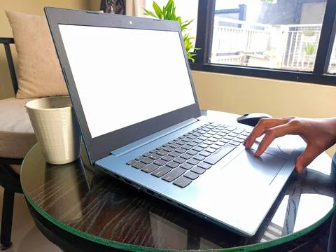 Women using laptop computer working at home with blank white desktop screen. Stock Photos