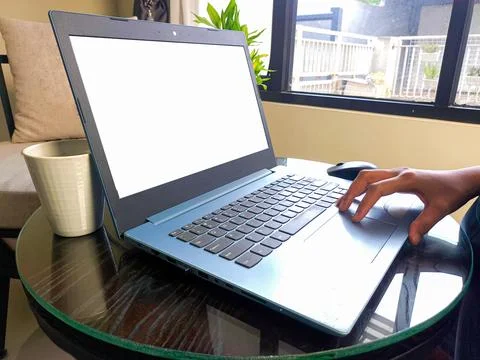 Women using laptop computer working at home with blank white desktop screen. Stock Photos