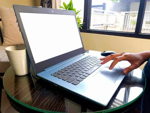 Women using laptop computer working at home with blank white desktop screen. Stock Photos