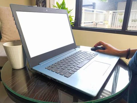 Women using laptop computer working at home with blank white desktop screen. Stock Photos