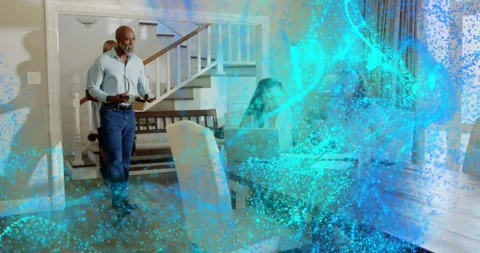Women using laptop at table, men entering presenting box for home tech demo, Stock Footage 322220203