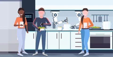 Women using mobile app controlling man humanoid with wires electrodes indicators Illustrazione stock