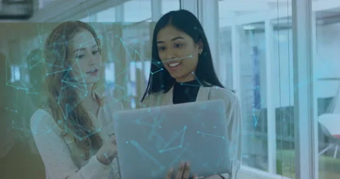 Women using tech laptop as nodes appearing, tracing path initiating fingerprint Stock Footage 311084644