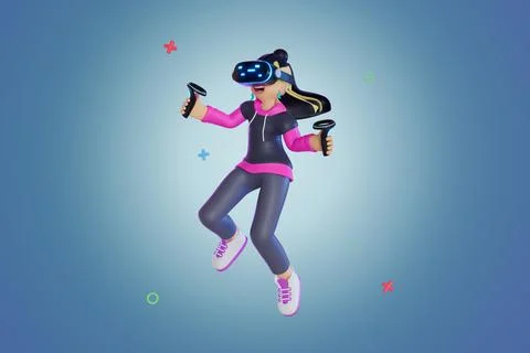 Women using VR and controller In the world of Metaverse, portrait, 3D, Render Stock Illustration
