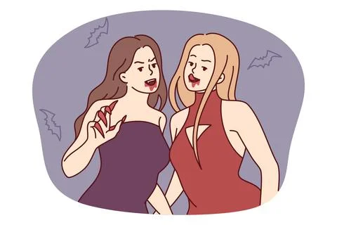 Women vampires in evening dresses with sharp claws and traces of blood near Stock Illustration