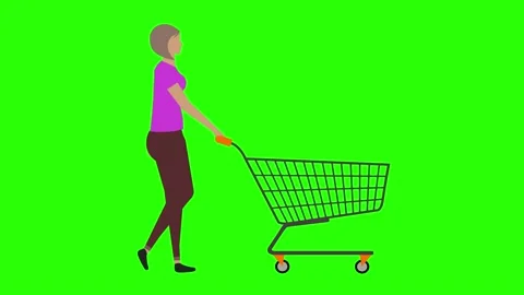 Women walking cycle seamless loop ,pulling the shopping cart, green screen chrom Stock Footage 146410278
