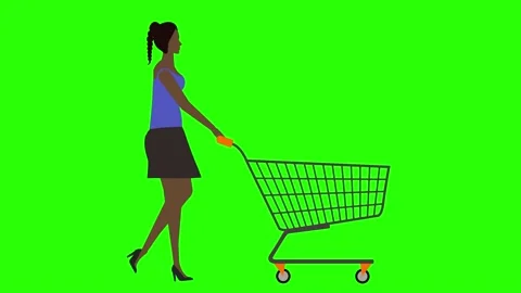 Women walking cycle seamless loop ,pulling the shopping cart, green screen Video stock 146410304