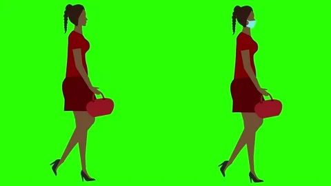 Women walking cycle seamless loop , face mask version, green screen, flat design Stock Footage 146410338