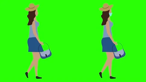 Women walking cycle seamless loop , face mask version, green screen, flat design Stock Footage 146410352