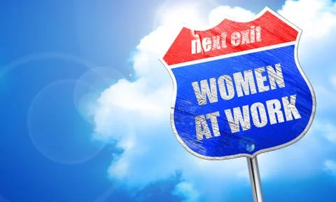 Women at work, 3D rendering, blue street sign Stock Illustration