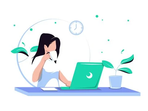 Women work at computers while drinking coffee. Online education or social med Stock Illustration