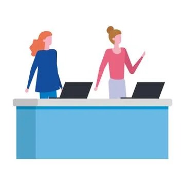 Women working in desk with computer Illustrazione stock