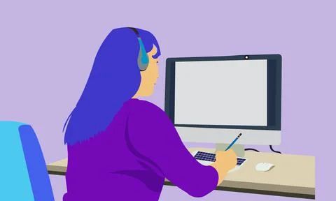 Women Working in Front of Computer Flat Vector Illustration Illustrazione stock