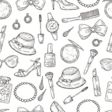 Womens accessories seamless pattern. Handbag, hat and watch, bow and lipstick Stock Illustration