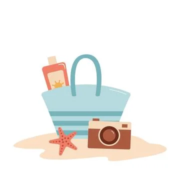 Women's bag with sunscreen, camera and starfish on the sand. Vector illustrat Stock Illustration