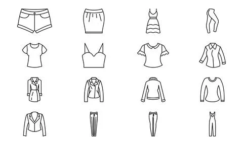 Womens clothes vector icons set line black EPS 10. Womens wear illustration. Stock Illustration