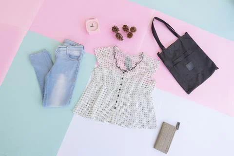 Women's clothing base layout, Outer on pale mint pastel background. Lifestyle Stock Photos