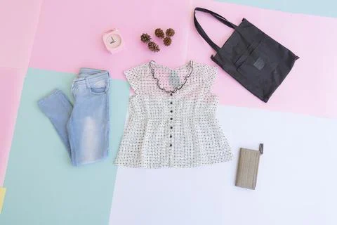 Women's clothing base layout, Outer on pale mint pastel background. Lifestyle Stock Photos