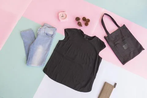 Women's clothing base layout, Outer on pale mint pastel background. Lifestyle Stock Photos