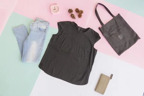 Women's clothing base layout, Outer on pale mint pastel background. Lifestyle Stock Photos