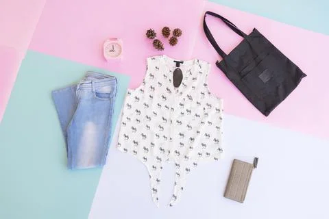 Women's clothing base layout, Outer on pale mint pastel background. Lifestyle Stock Photos