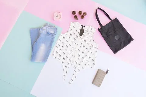 Women's clothing base layout, Outer on pale mint pastel background. Lifestyle Stock Photos