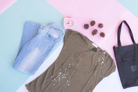 Women's clothing base layout, Outer on pale mint pastel background. Lifestyle Stock Photos