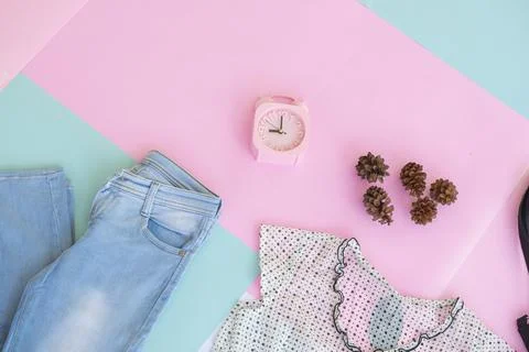 Women's clothing base layout, Outer on pale mint pastel background. Lifestyle Stock Photos