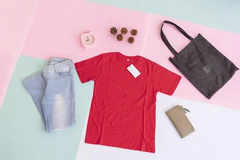 Women's clothing basic layout, Red T-shirt on pale mint pastel background. Li Stock Photos