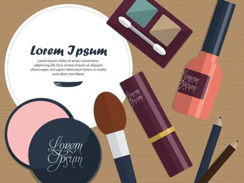 Womens cosmetics on a table with place for your text. Flat design. Vector Stock Illustration