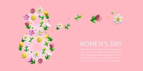 Womens day 3D banner vector design, decorative bloom number 8 March with spring Stock Illustration