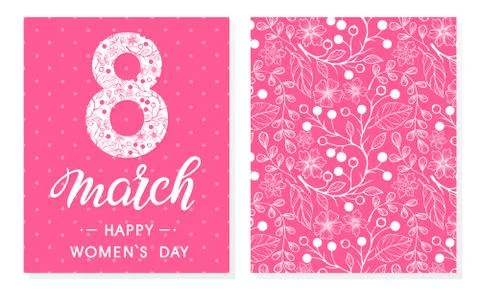 Women`s Day creative cards with flowers and floral elements.Seasons greetings Stock Illustration