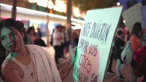Women's Day demonstration, parade at Gran Via street in Murcia Stock Footage 235452960